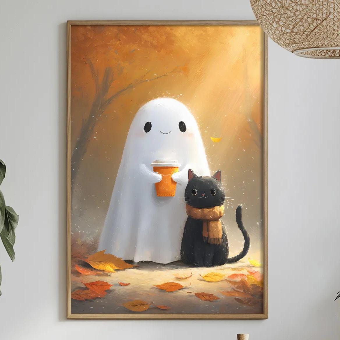 a cozy and whimsical scene with a ghost holding a cup of tea, accompanied by a black cat. The ghost is standing on a bed of leaves, and the cat is sitting next to it. The setting includes a dining table with a bowl of fruit, a bottle, and a vase, creating a warm and inviting atmosphere.