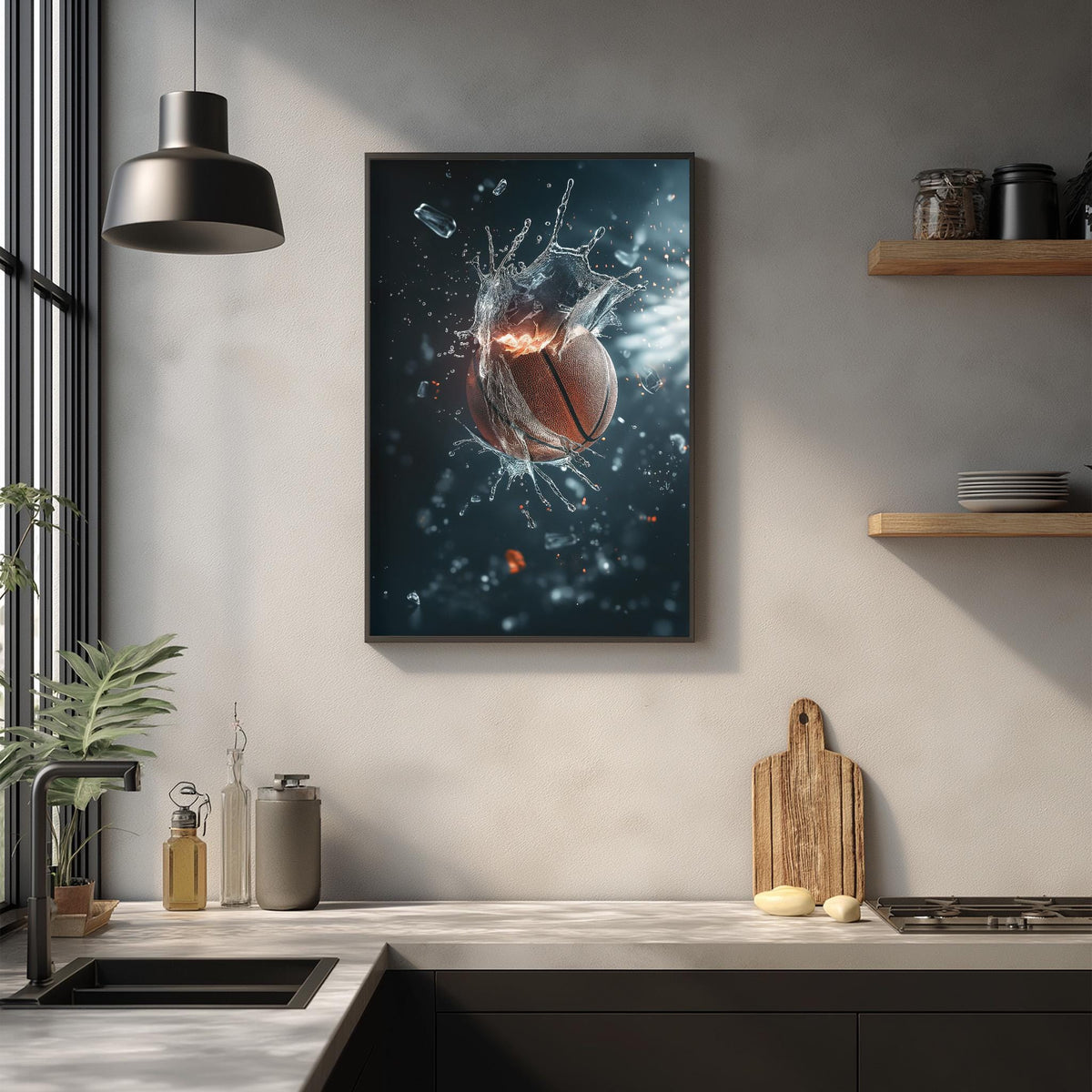 a kitchen counter with various items, including a framed picture of a basketball, a wooden cutting board, and a potted plant.
