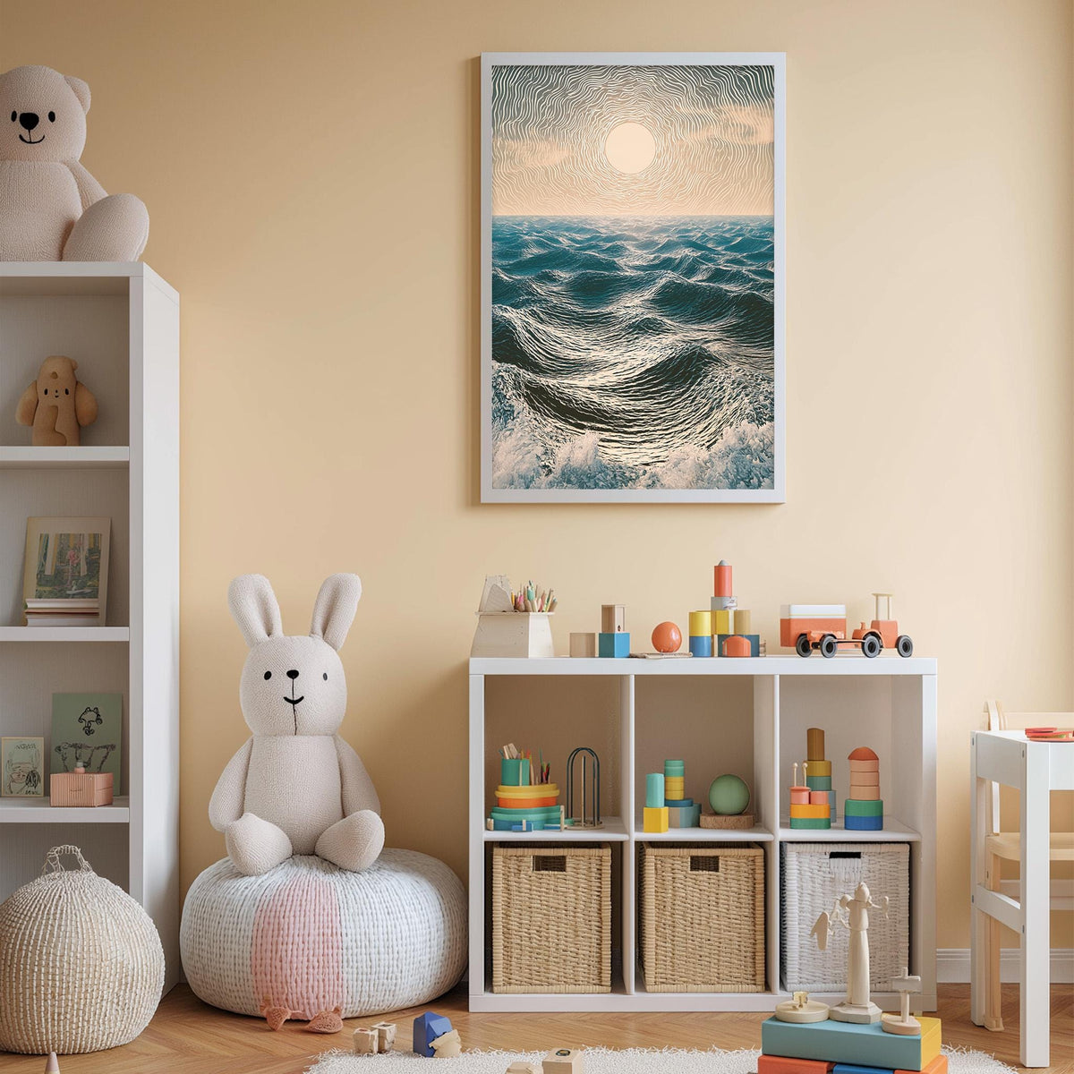 A cozy children's room with a white bookshelf, a plush white bunny, and a colorful toy box filled with toys. Above the bookshelf, there is a framed picture of a seascape with a large sun in the sky.