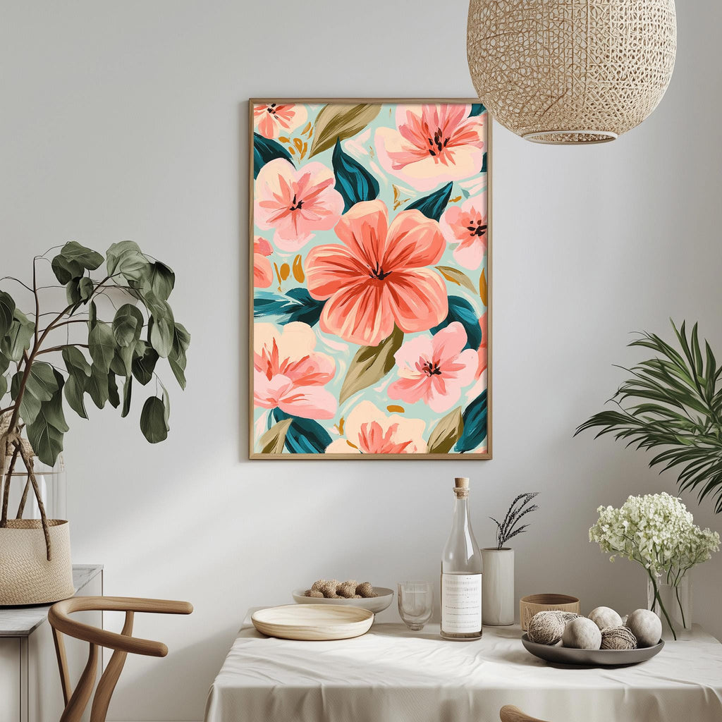 a dining table with a floral print hanging above it, surrounded by potted plants and a hanging light fixture.