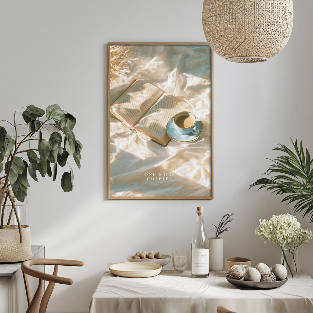 a dining table with a white tablecloth, a bowl of fruit, a bottle, and a vase with flowers. Above the table, there is a framed poster with an open book and a teacup on it. The table is set with a plate, a bowl, and a bottle, creating a cozy and inviting atmosphere.