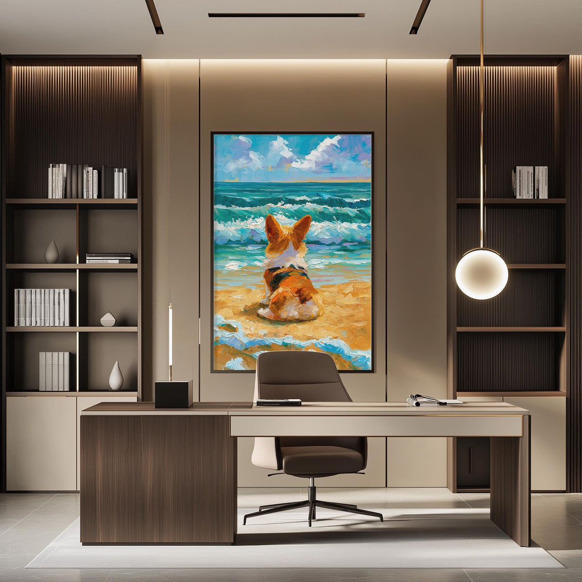 a modern office space with a large painting of a dog sitting on a beach in the background. The office has a wooden desk and chair, and there are bookshelves on either side of the desk. The overall design and decor create a calm and relaxing atmosphere.