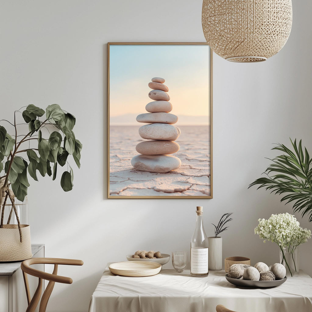 a serene and calming scene of a stack of stones, with a warm and inviting atmosphere created by the natural elements and the lighting.
