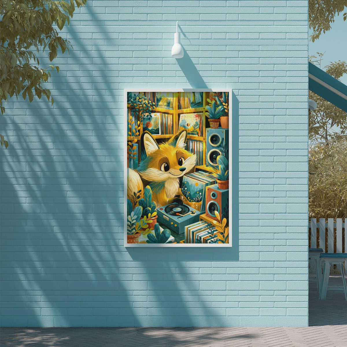 a vibrant painting of a fox surrounded by various objects, including a record player, books, and plants, all set against a blue brick wall.