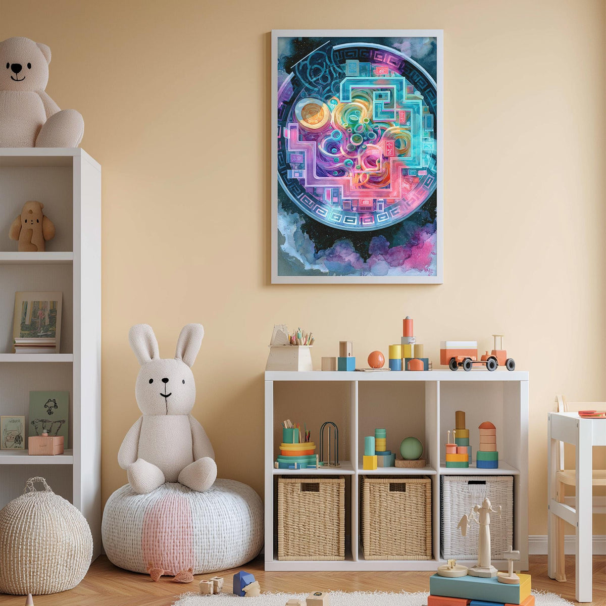 A child's bedroom with a large, colorful mandala-like artwork hanging on the wall, a white bookshelf filled with toys, and a stuffed rabbit sitting on a bean bag chair.