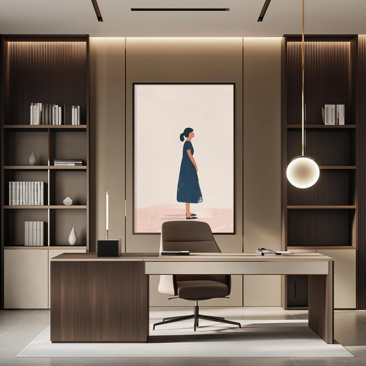 a modern and stylish office space with a large framed artwork of a woman in a blue dress hanging on the wall. The office features a wooden desk, a comfortable chair, and a bookshelf filled with books. The overall design and decor create a professional and elegant atmosphere.