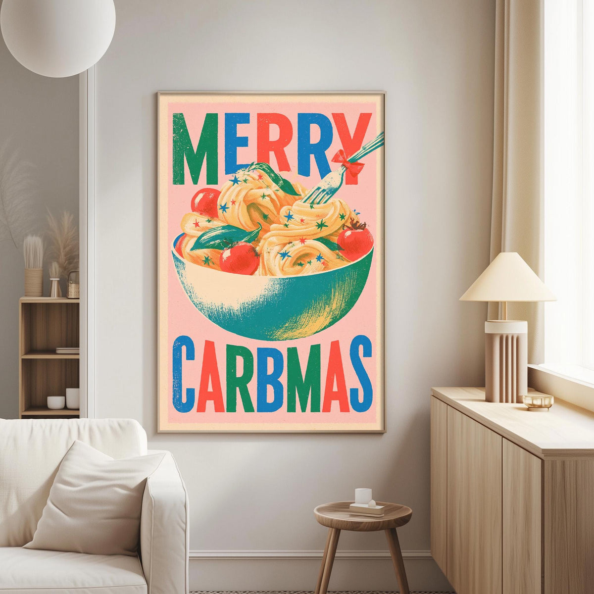 a poster with a colorful illustration of a bowl of food, along with the text "MERRY CARBMAS" displayed prominently.