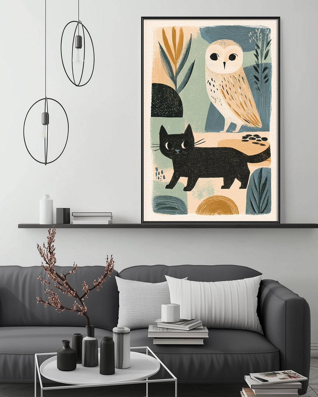 a modern living room with a gray sofa, a coffee table, and a large abstract painting of an owl and a black cat on the wall above the sofa.