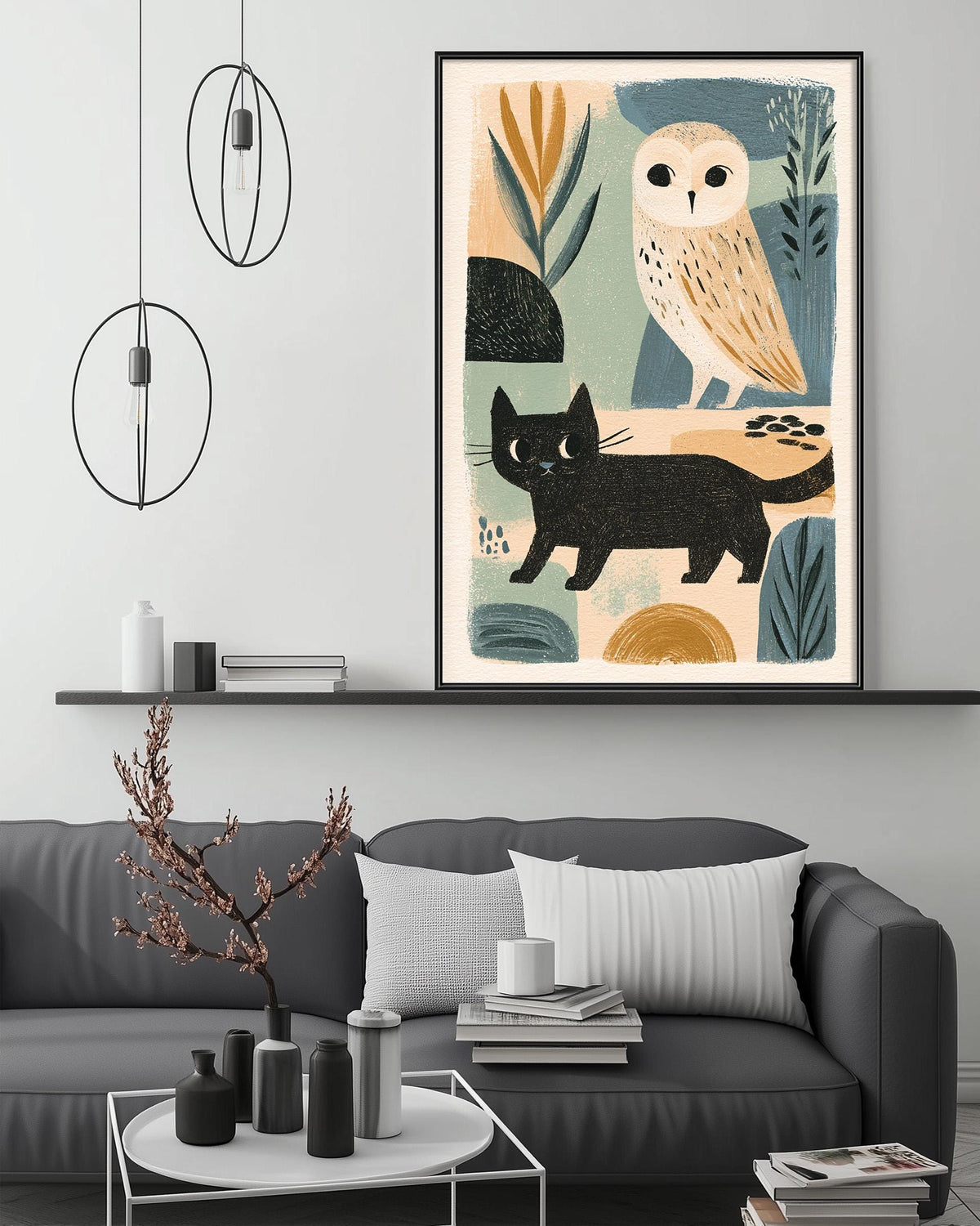 a modern living room with a gray sofa, a coffee table, and a large abstract painting of an owl and a black cat on the wall above the sofa.