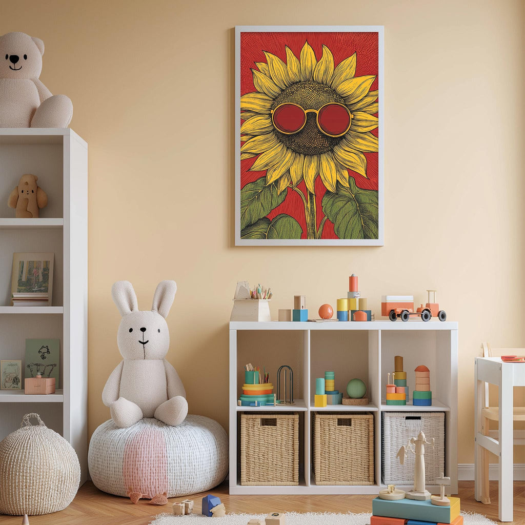 A child's bedroom with a white bookshelf, a stuffed rabbit, a toy train, and a framed picture of a sunflower with sunglasses on it.