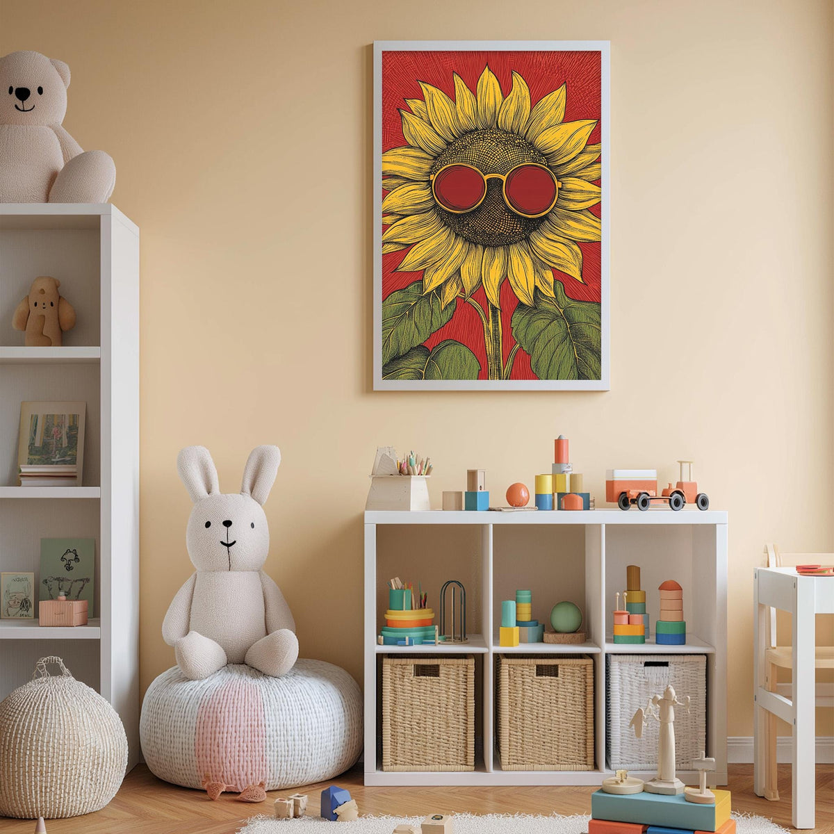 A child's bedroom with a white bookshelf, a stuffed rabbit, a toy train, and a framed picture of a sunflower with sunglasses on it.