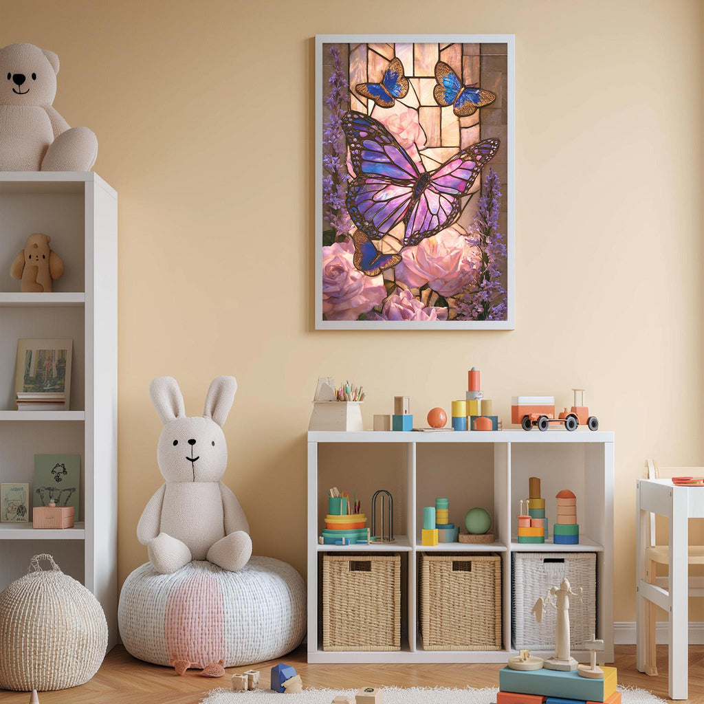 A cozy and colorful children's bedroom with a large butterfly painting on the wall, a stuffed rabbit, and various toys and storage bins.