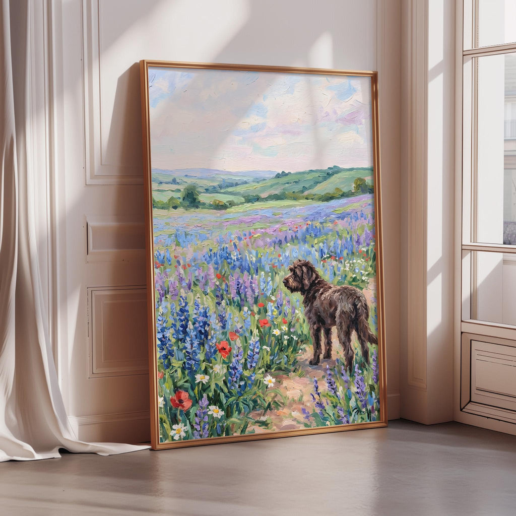 A large painting of a dog standing in a field of colorful flowers, with a picturesque landscape in the background.