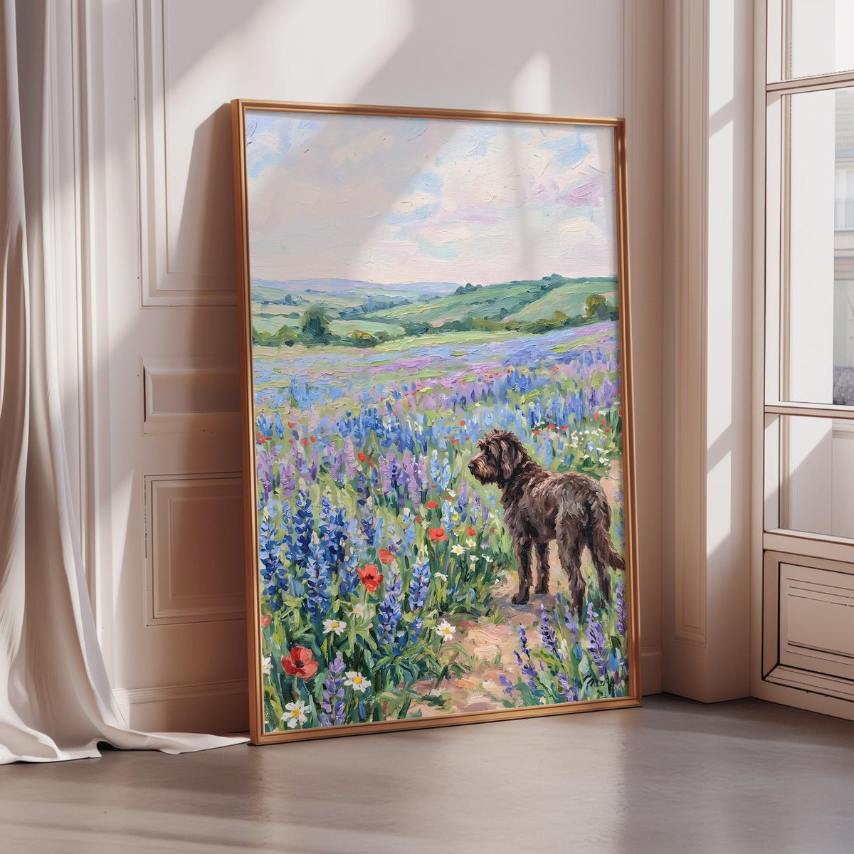 A large painting of a dog standing in a field of colorful flowers, with a picturesque landscape in the background.