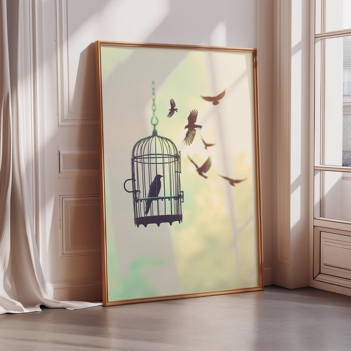 A framed poster depicting a bird in a cage, with several birds flying around it, is displayed on a wall in a room with a window.