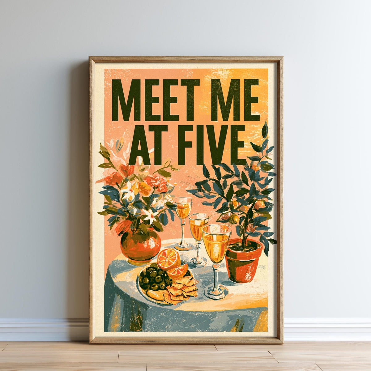 The image is a framed poster with a table set for a meal, featuring a vase of flowers, wine glasses, and various food items.