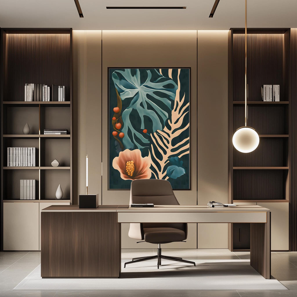 a modern and stylish home office with a large, colorful abstract painting on the wall above a wooden desk. The desk is positioned in front of a bookshelf, and a lamp is hanging from the ceiling. The overall design and decor create a comfortable and visually appealing workspace.