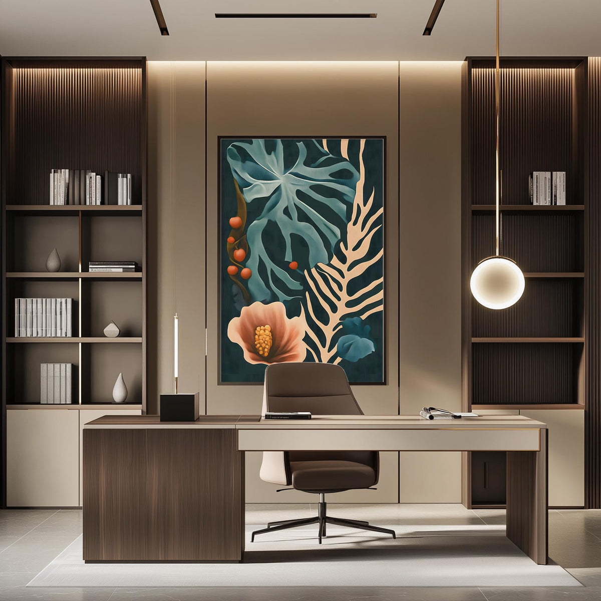 a modern and stylish home office with a large, colorful abstract painting on the wall above a wooden desk. The desk is positioned in front of a bookshelf, and a lamp is hanging from the ceiling. The overall design and decor create a comfortable and visually appealing workspace.