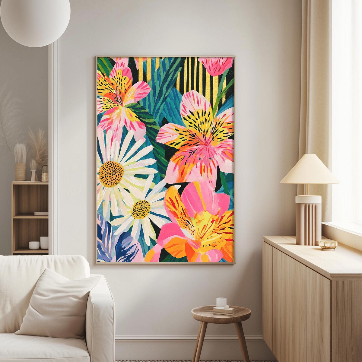 a vibrant and colorful painting of flowers hanging on a wall in a living room.