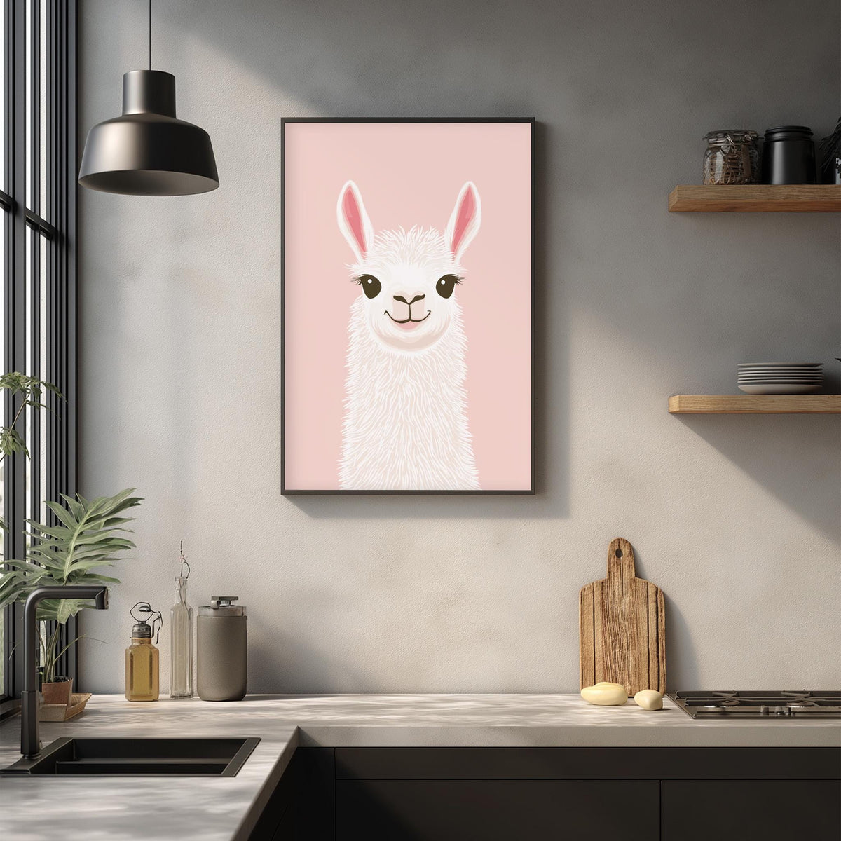 a kitchen counter with a framed picture of a smiling llama on the wall above it.
