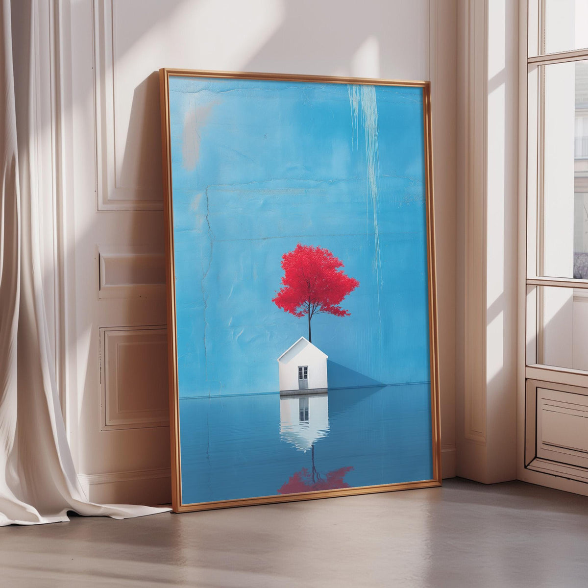 a large framed painting depicting a small white house with a red tree in the foreground, set against a blue background.