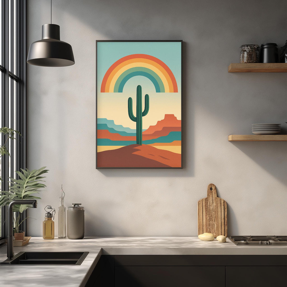 a framed desert landscape with a cactus in the center, hanging on a wall above a kitchen counter with various kitchen items and decor.