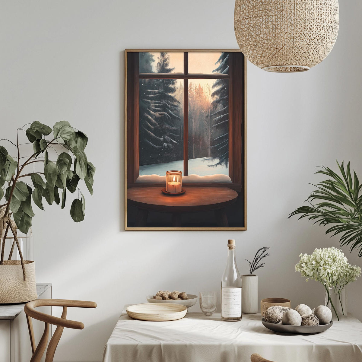 a cozy dining area with a table set for a meal, a candlelit centerpiece, and a painting of a snowy landscape on the wall.