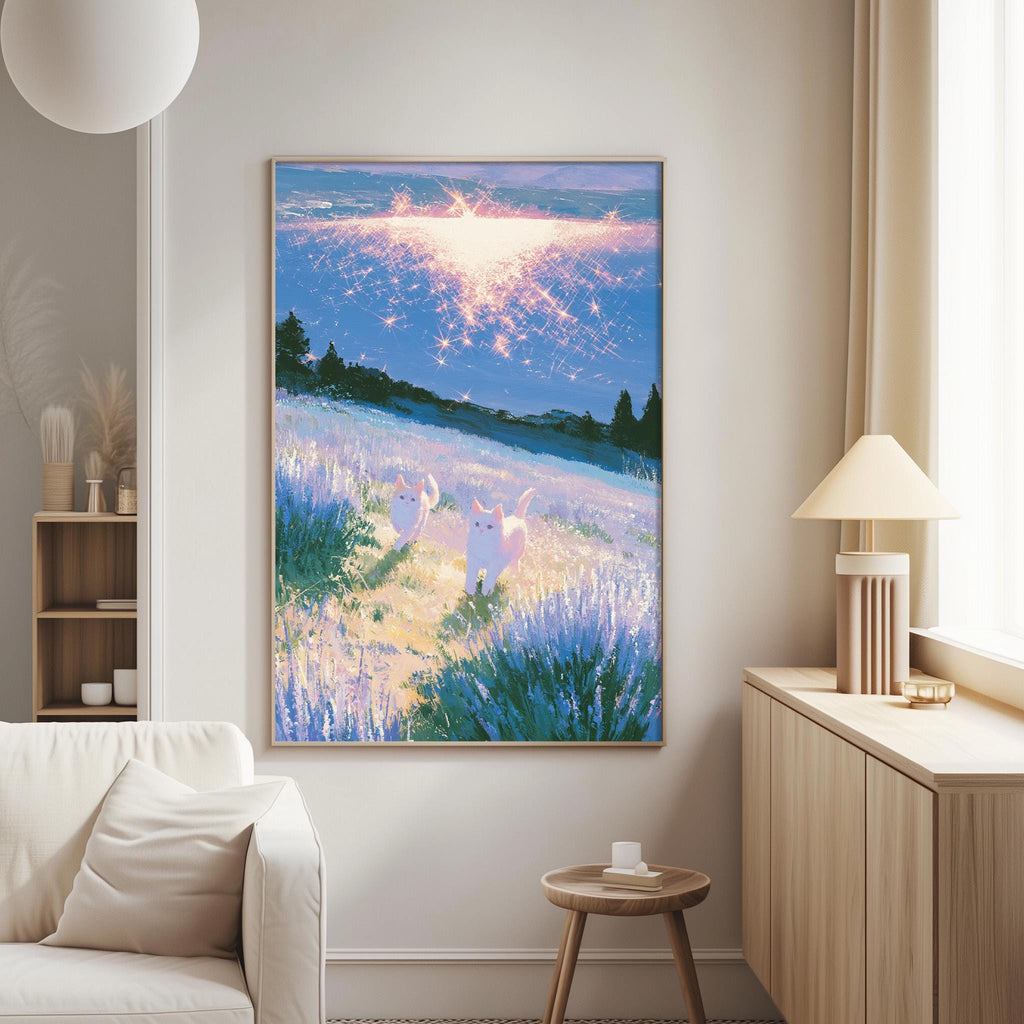 a large, colorful painting of a field with two cats, one white and one gray, set against a backdrop of a blue sky with a sun and stars. The painting is hung on a wall in a living room, with a white sofa and a wooden side table nearby.