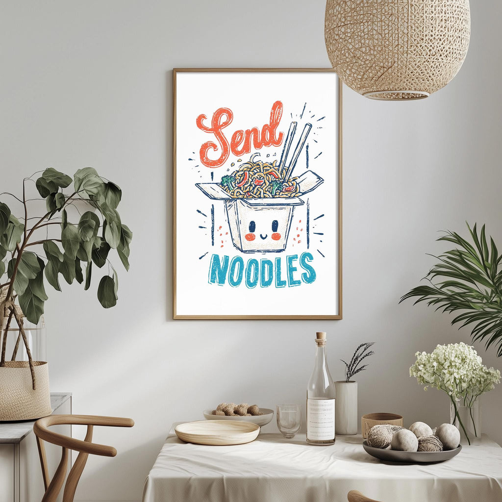 a framed poster with a cartoon noodle box and the text "Send Noodles" on a wall above a dining table with various items on it.
