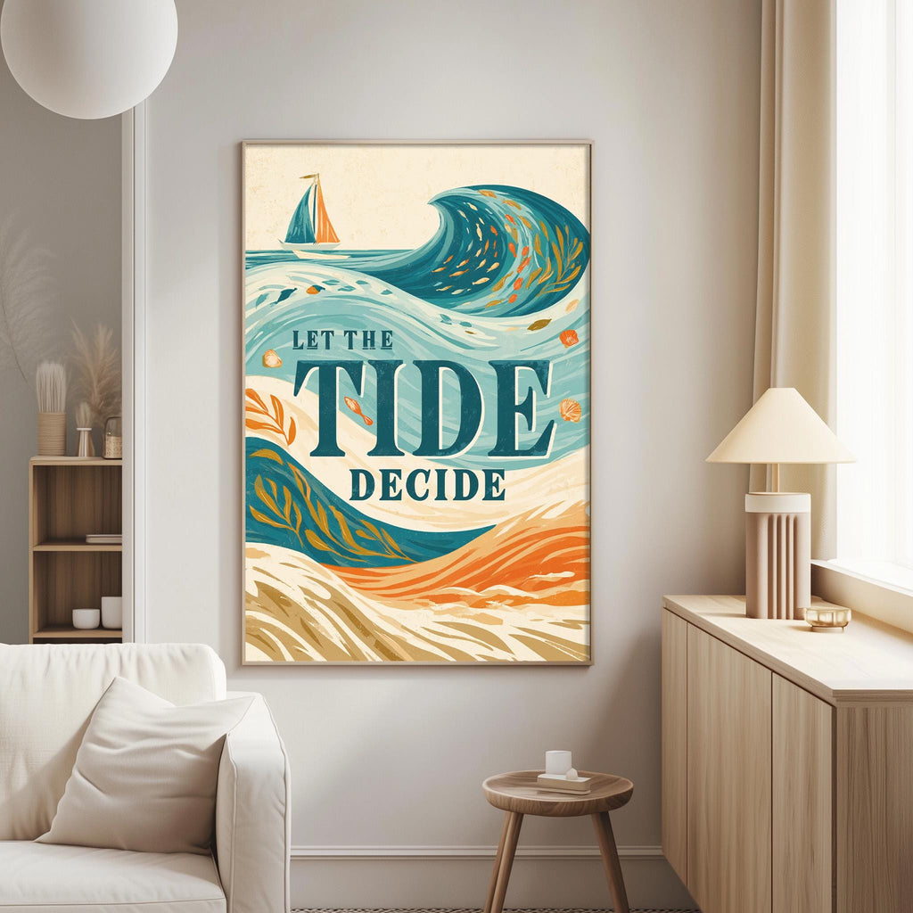 a large poster with a colorful illustration of a sailboat on the ocean, along with the text "Let the tide decide" displayed prominently.