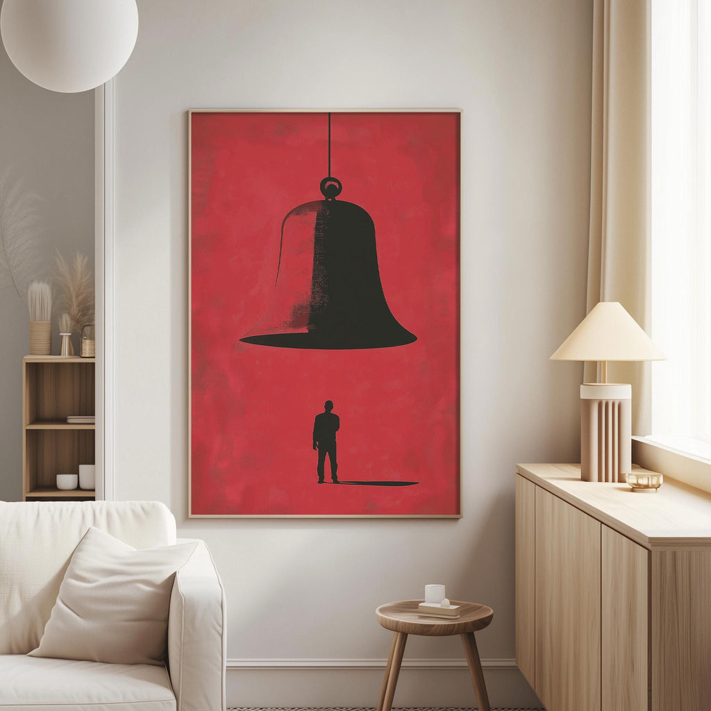 a large red poster with a black silhouette of a person standing in front of a bell, hanging on a white wall in a living room setting.