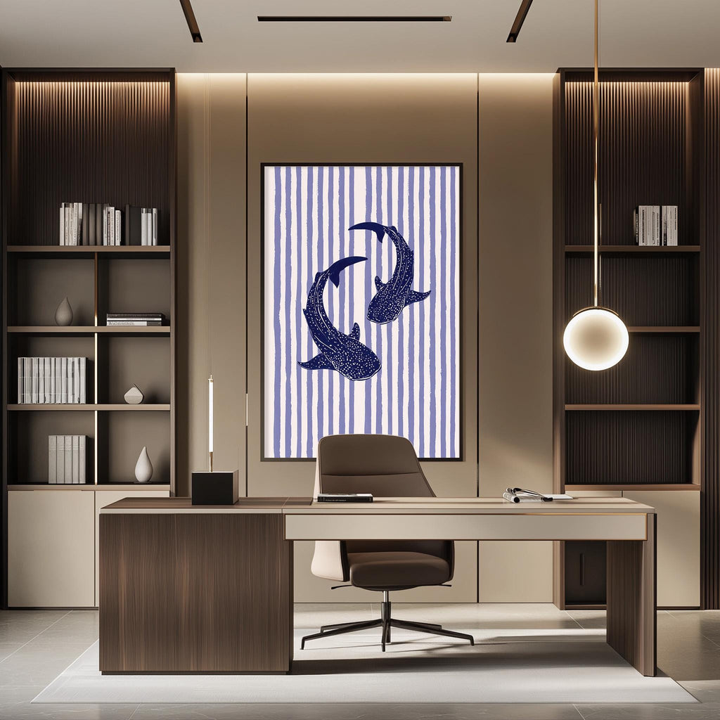 a modern and stylish office space with a large framed artwork featuring two fish on the wall. The office features a wooden desk, a comfortable chair, and a bookshelf filled with books. The overall design and decor create a professional and visually appealing atmosphere.
