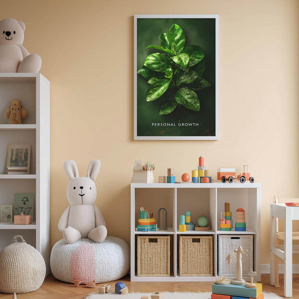 a child's bedroom with a white bookshelf, a stuffed rabbit, a toy train, and a framed poster on the wall.