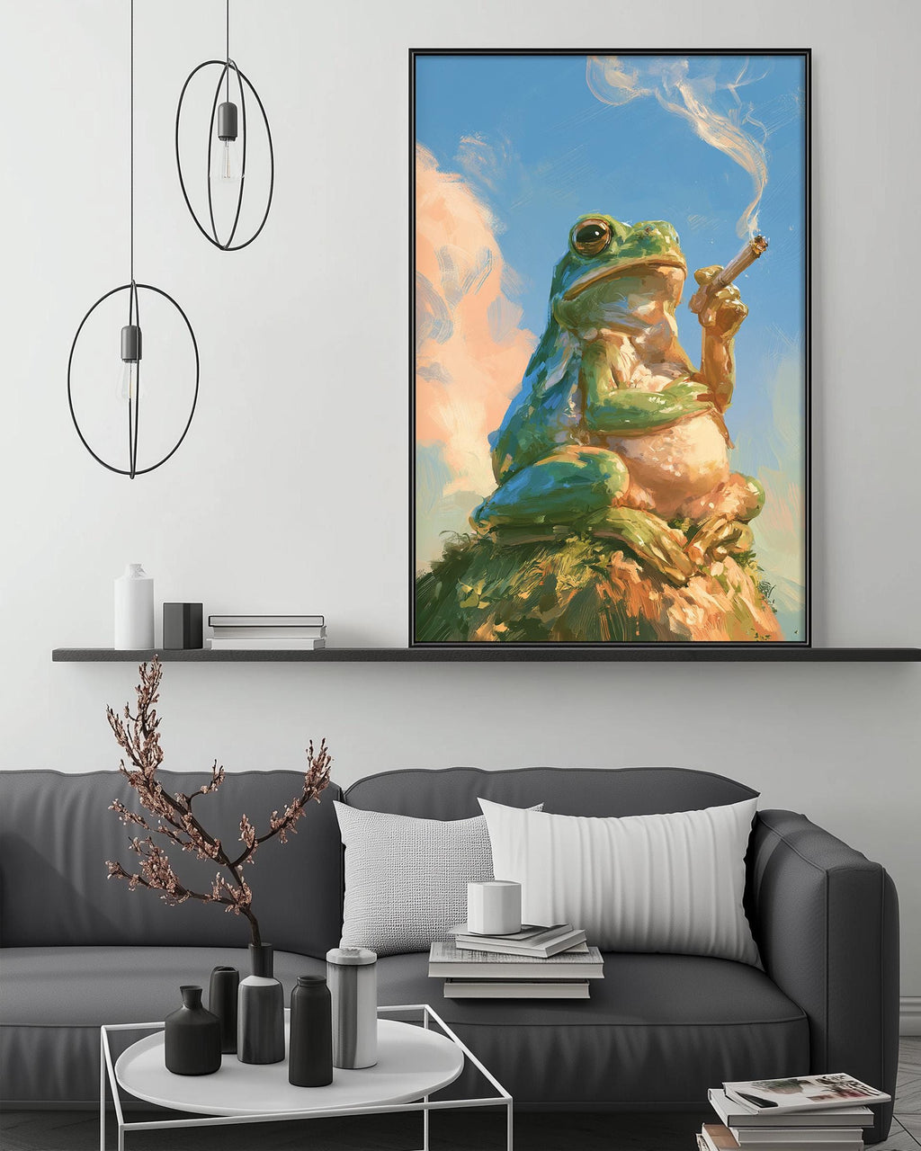 a large painting of a frog sitting on a rock and smoking a cigarette, hanging on a wall above a gray couch in a living room setting.