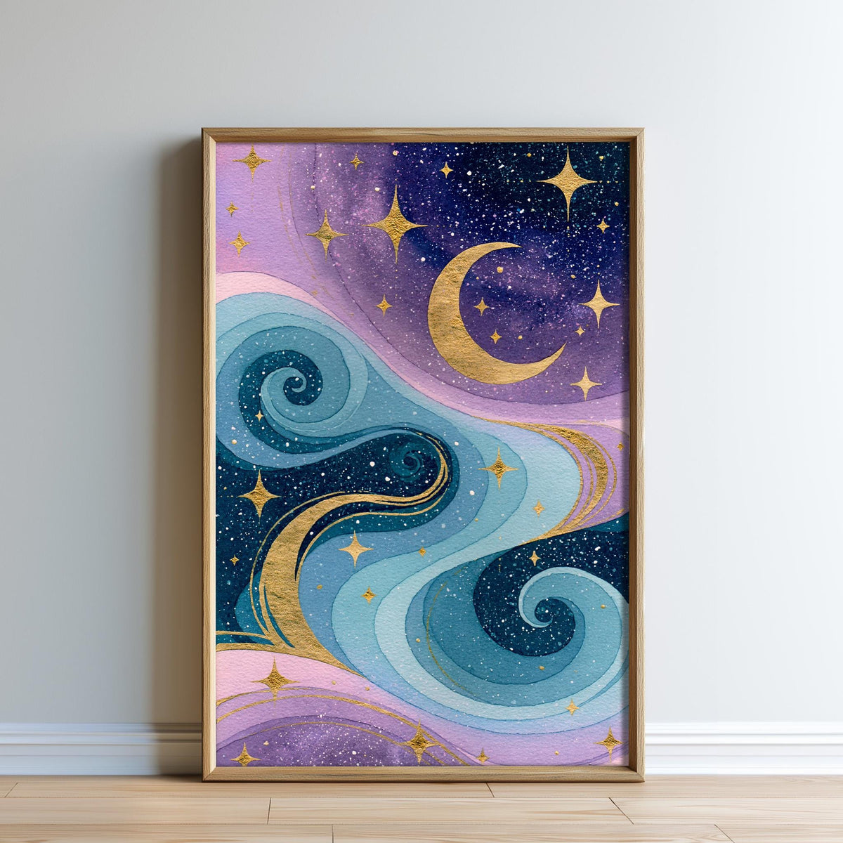 The image is a framed painting depicting a night sky with swirling clouds, stars, and a crescent moon.