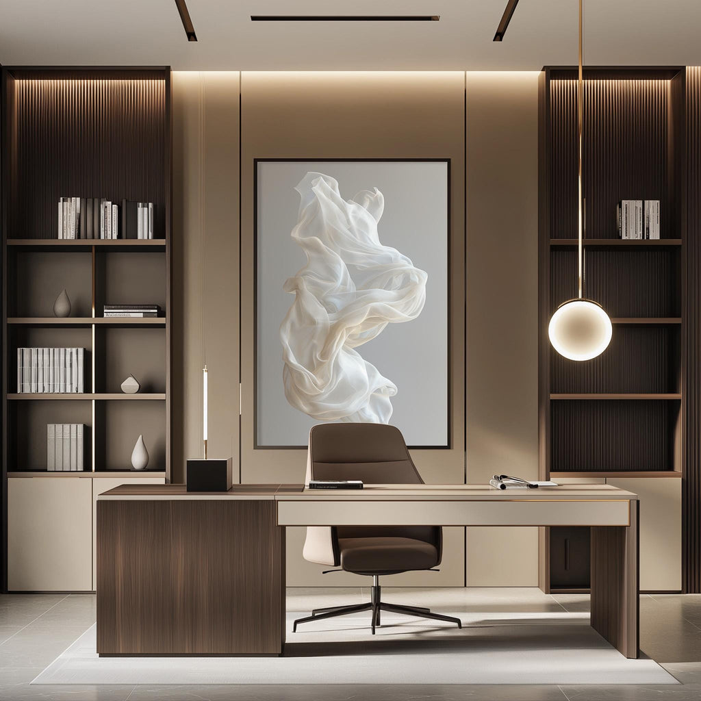 a modern and minimalist office space with a large abstract painting on the wall, a wooden desk with a chair, and built-in bookshelves.