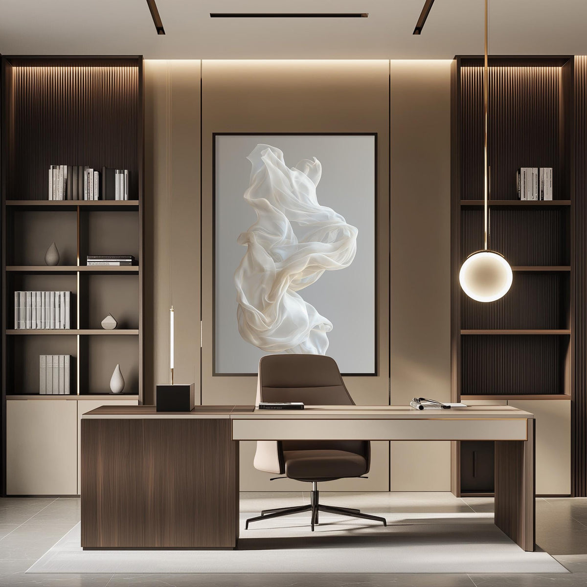 a modern and minimalist office space with a large abstract painting on the wall, a wooden desk with a chair, and built-in bookshelves.