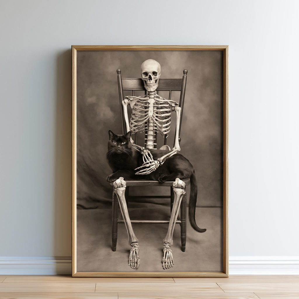 A skeleton sitting in a chair with a cat on its lap.
