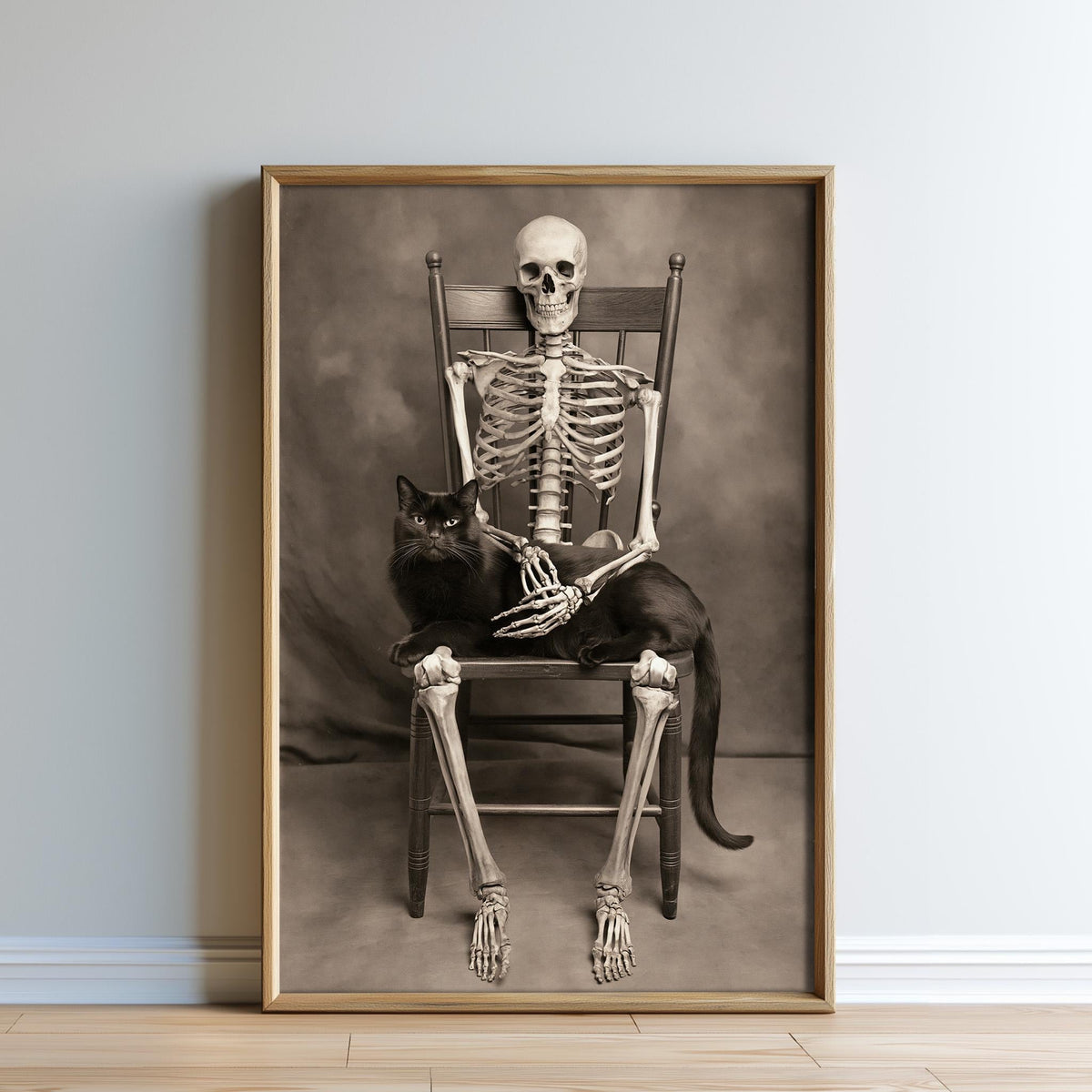 A skeleton sitting in a chair with a cat on its lap.