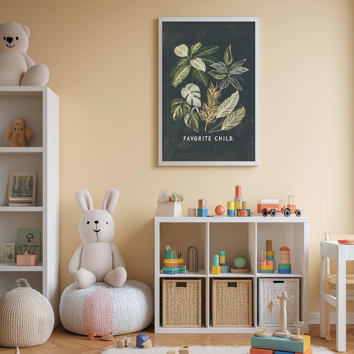 A cozy and colorful children's bedroom with a large stuffed rabbit, a bookshelf, and a toy chest filled with toys. A framed poster with the text "Favored Child" hangs on the wall above the toy chest.