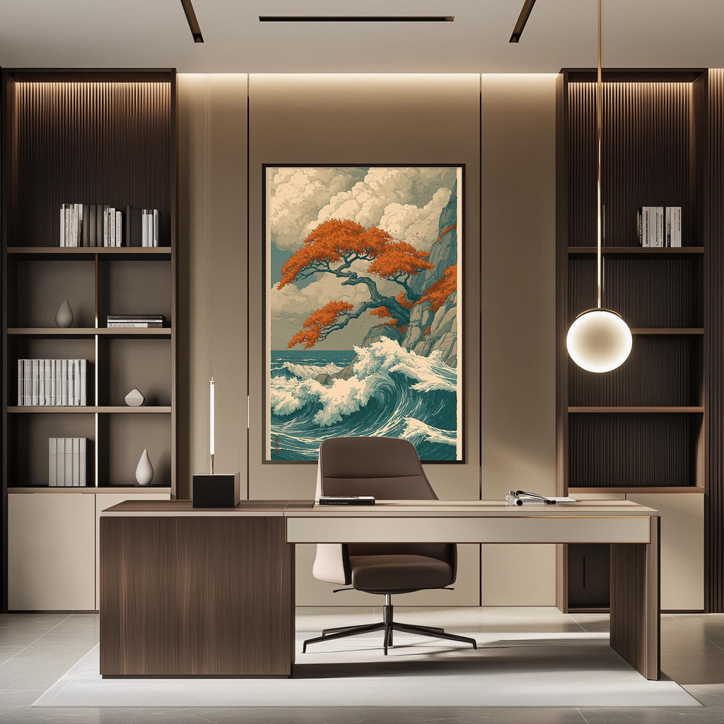 a modern and minimalist office space with a large painting of a tree and ocean scene as the focal point. The office features a wooden desk, a comfortable chair, and built-in bookshelves. The overall design has a sleek and contemporary aesthetic.