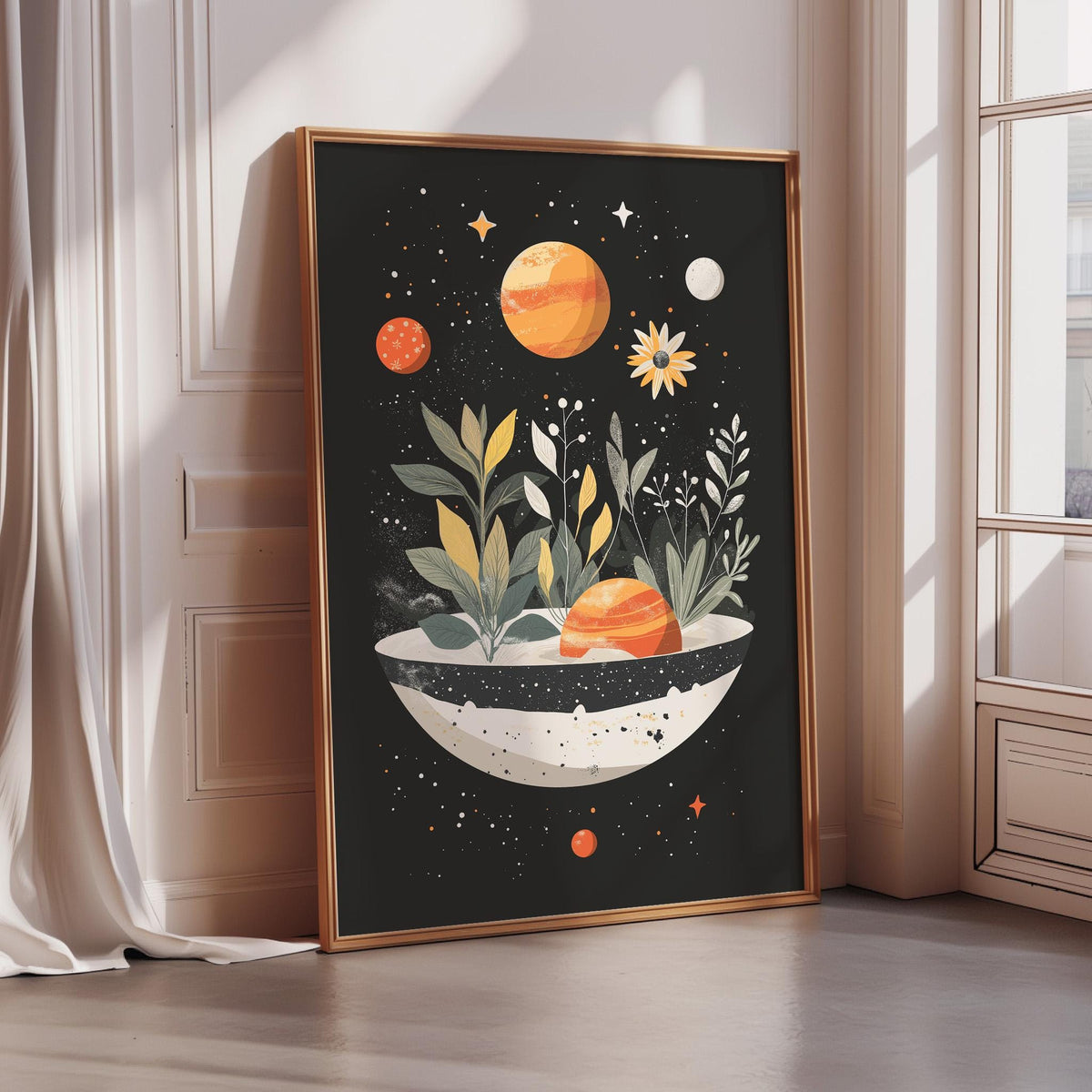 a framed artwork depicting a black background with a white bowl containing a plant and various celestial objects, including a large orange planet, a yellow flower, and a red star.