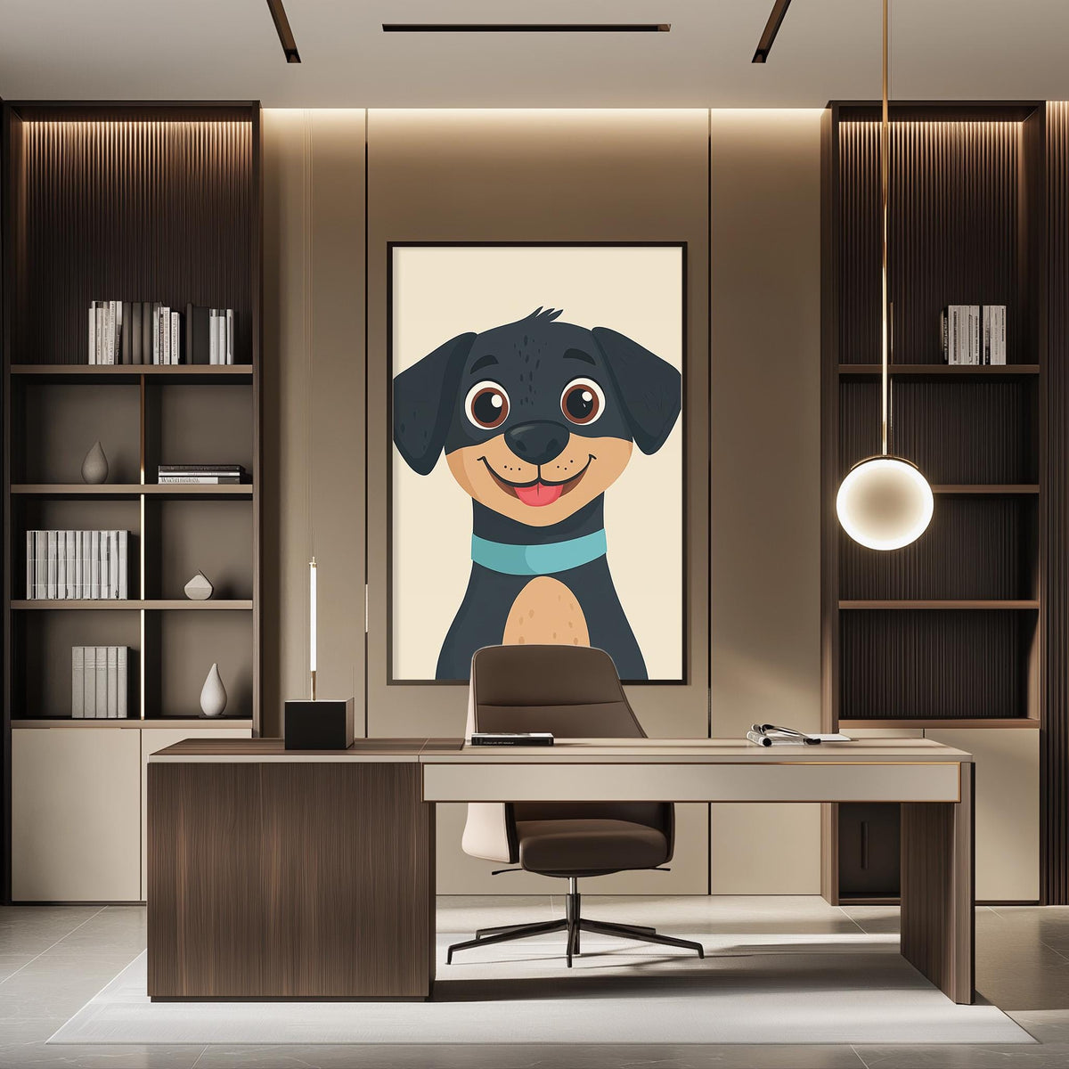 a modern office space with a large framed illustration of a dog on the wall, a wooden desk with a chair, and a bookshelf filled with books.
