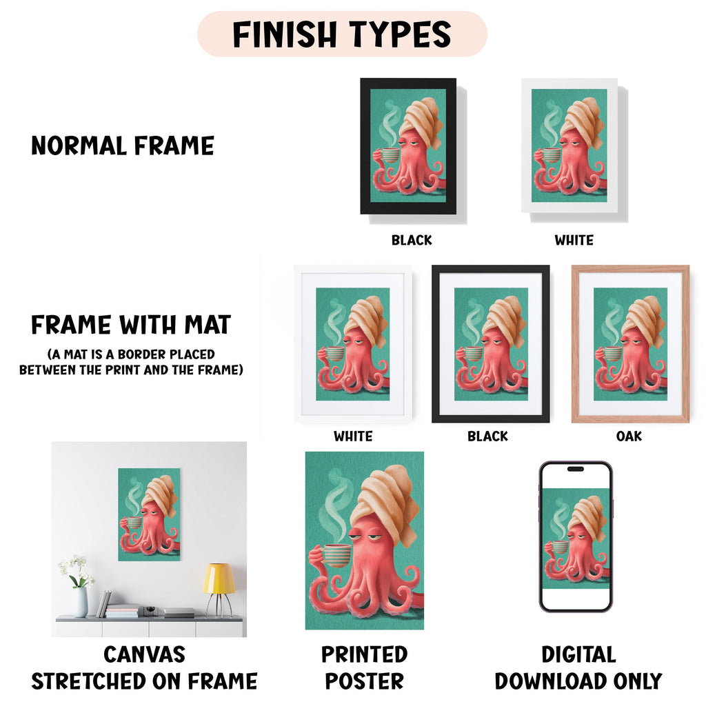 various framed artworks featuring an illustration of an octopus, including different frame styles and color options.