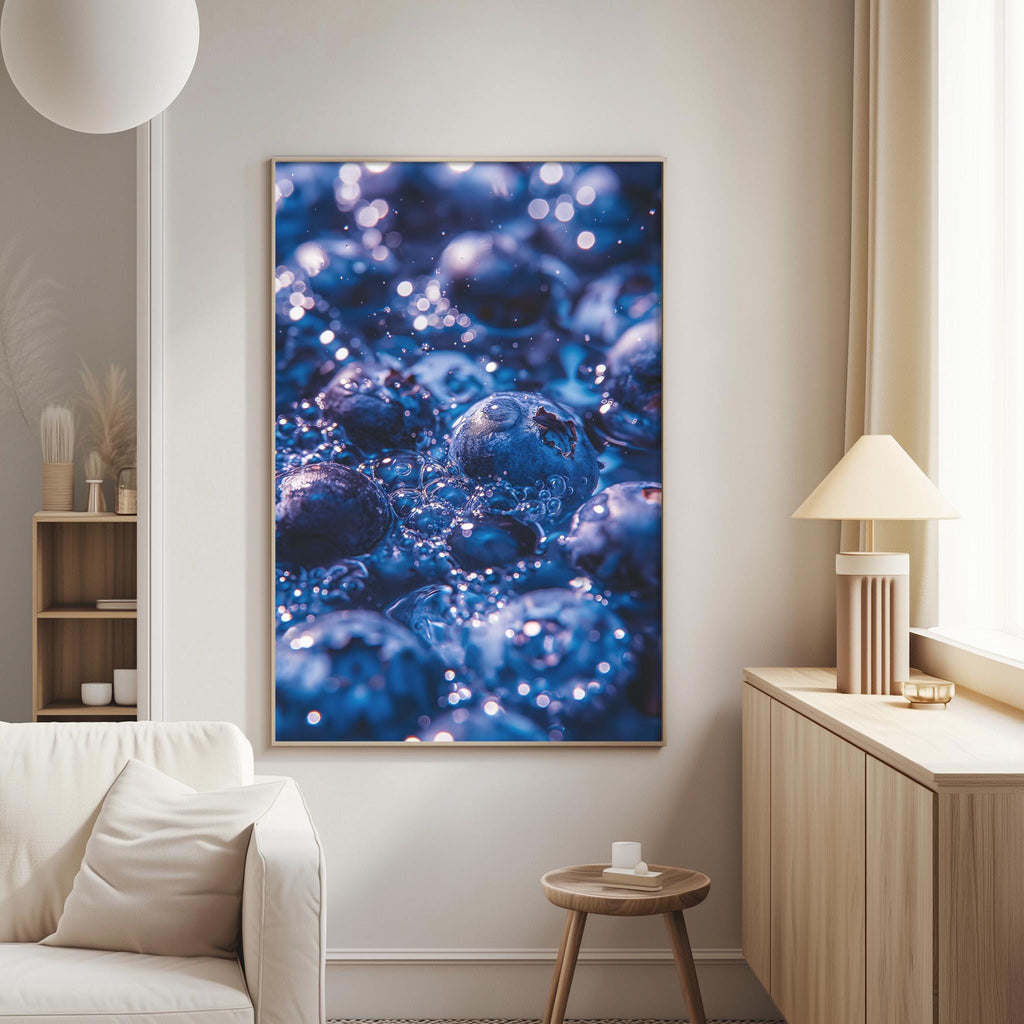 a large framed photograph of blueberries hanging on a wall in a living room.