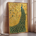 a large painting of a peacock with its vibrant green and blue feathers spread out, creating a striking and colorful display.