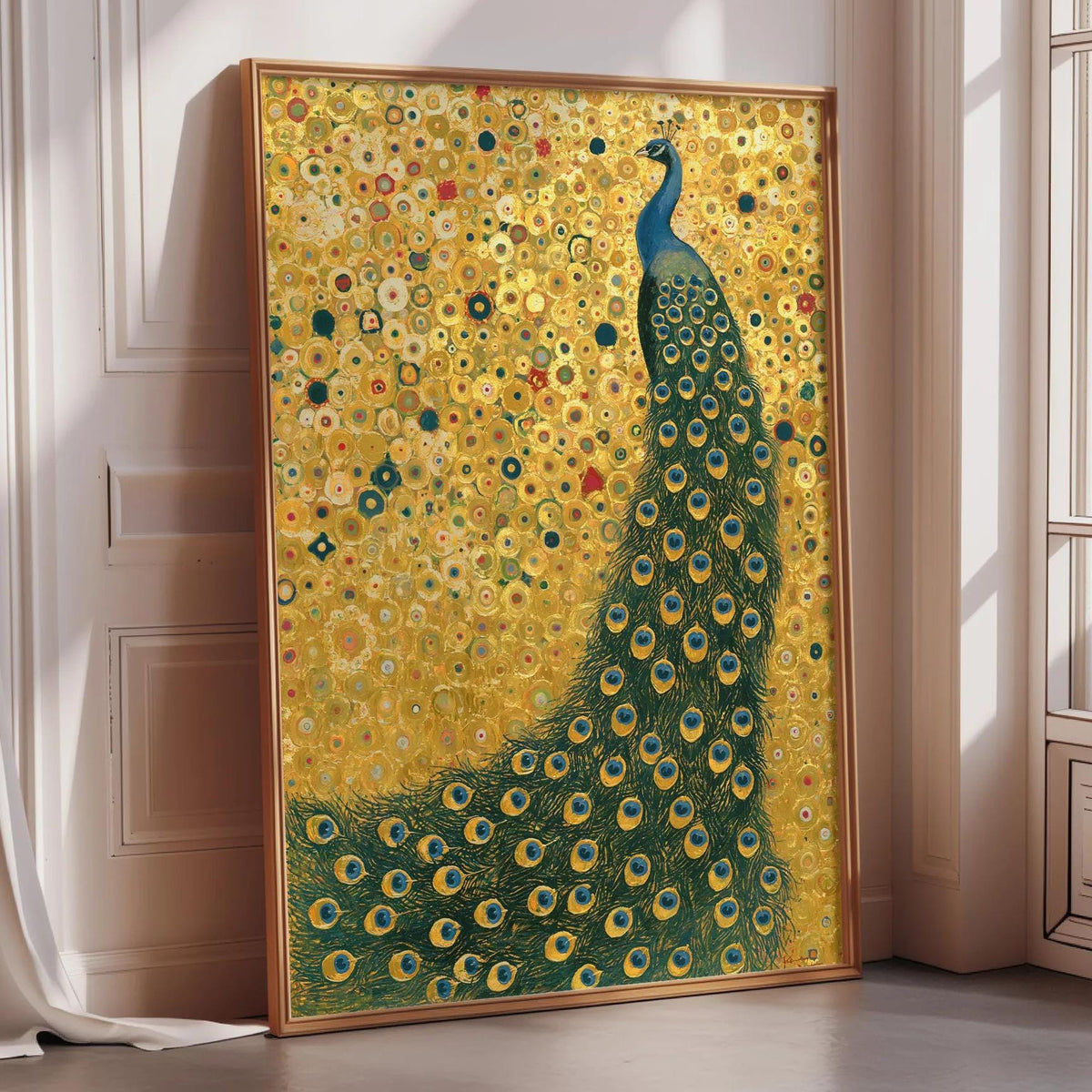 a large painting of a peacock with its vibrant green and blue feathers spread out, creating a striking and colorful display.