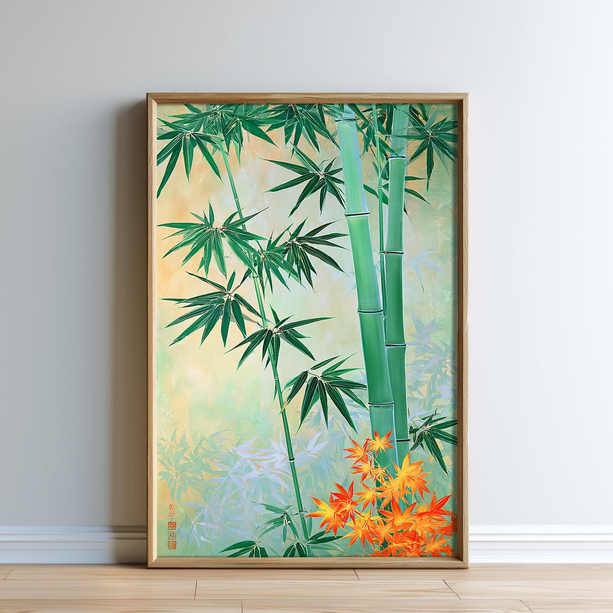The image is a framed painting depicting a lush bamboo forest with green bamboo stalks and vibrant orange and yellow leaves.
