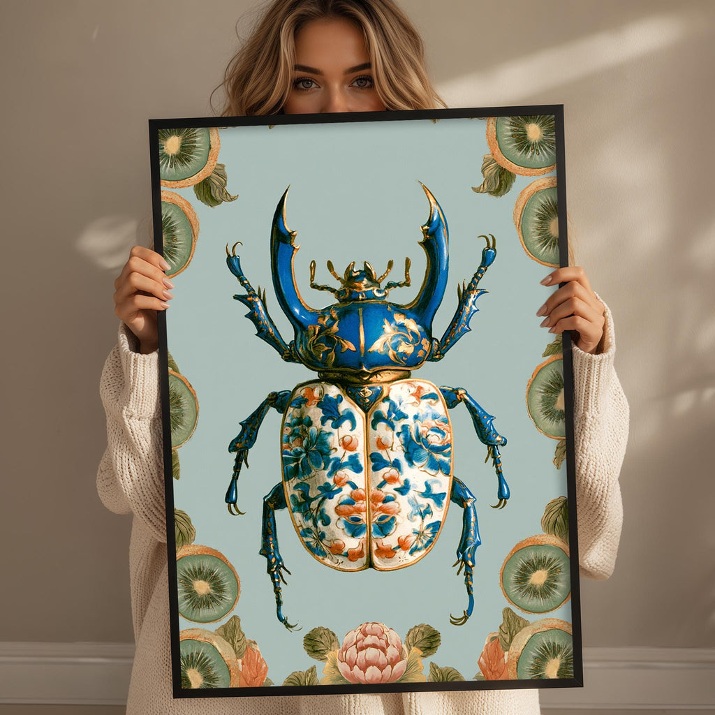 A woman is holding up a framed picture of a colorful, detailed blue and gold beetle against a light blue background with green and orange floral designs.