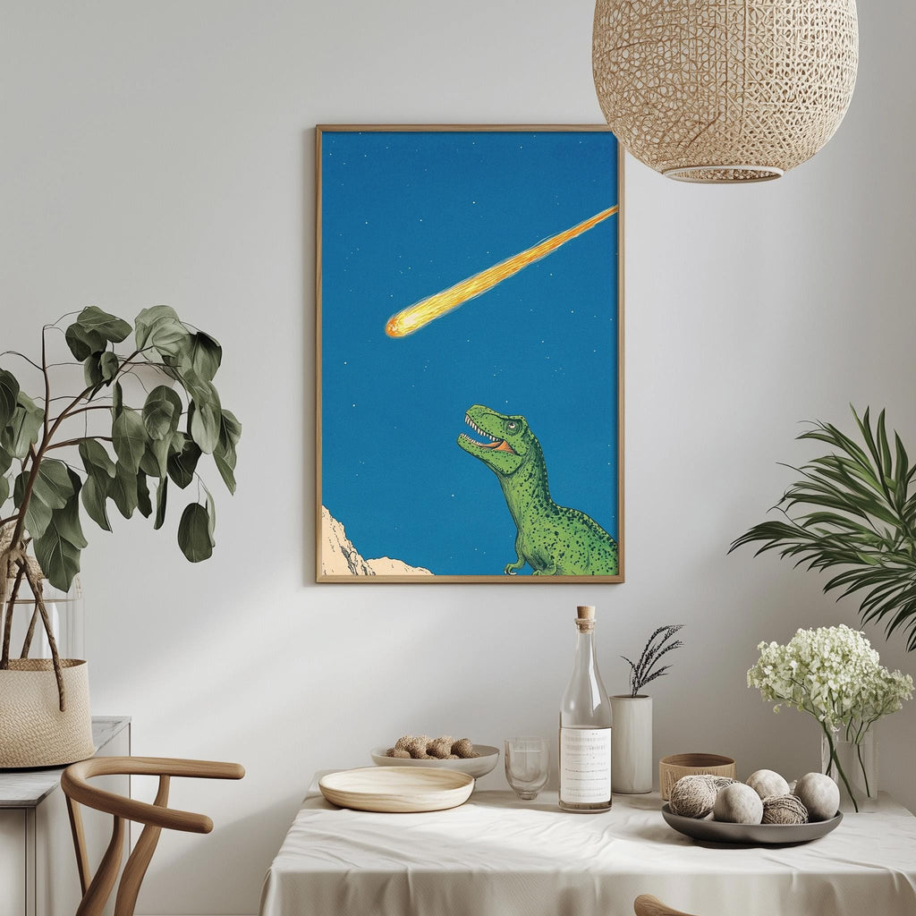 a framed illustration of a green dinosaur looking up at a bright yellow meteorite streaking across the night sky. The dinosaur appears to be in a state of awe or surprise, as if it has just witnessed the meteorite's descent. The scene is set against a backdrop of a blue sky with stars, creating a striking contrast between the dinosaur and the celestial object.